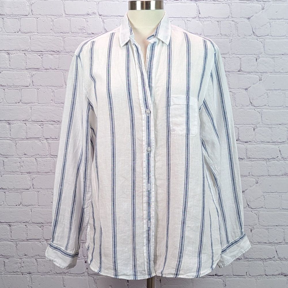 Grayson The Hero SZ L 100% Linen White Blue Vertical Stripe Button Front Shirt